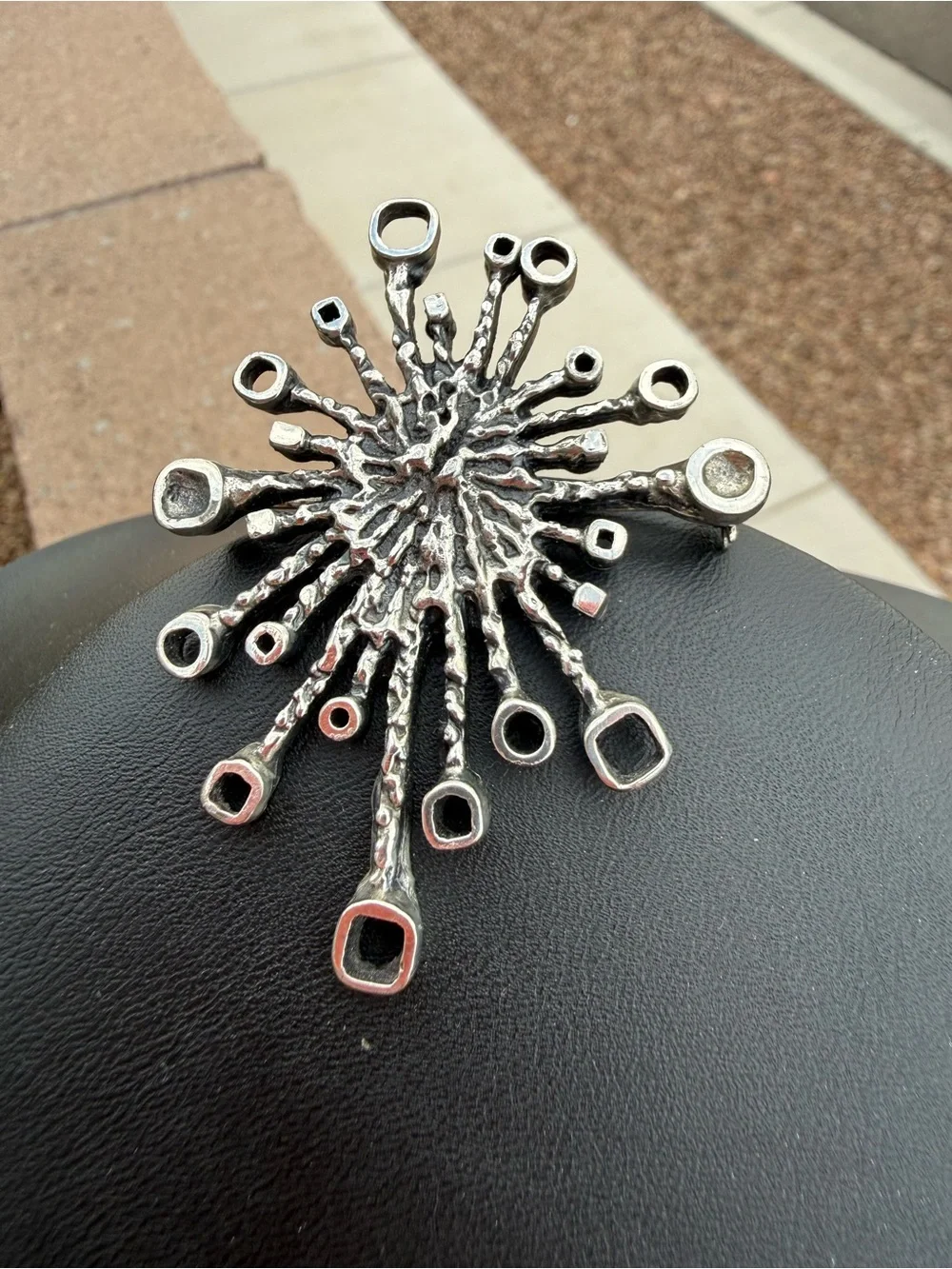 Guy Vidal Brutalist Sunburst Brooch Signed Pewter Modernist Canada